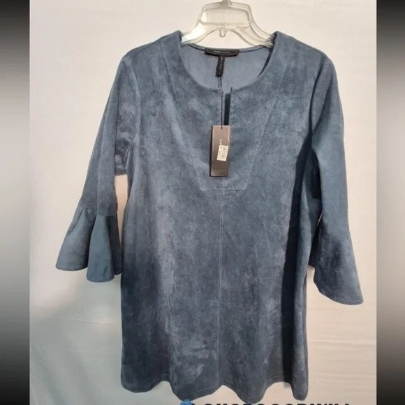 NWT BCBGMaxAzria Cartier Suede Bell Sleeve Soikt Neck Shift Dress Sz L - Picture 1 of 4